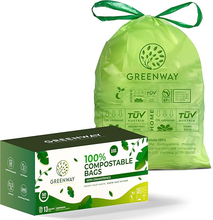 GREENWAY 13 Gallon Compostable Trash Bags Drawstring 50 Bags Heavy Duty Extra Thick 0.90 Mil Tall Kitchen Food Scrap Waste Bags US BPI and Europe OK Compost Home Certified
