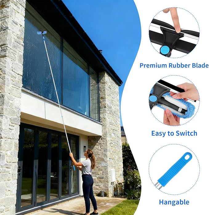 12.2FT/3.7M Window Cleaning Tools Professional 2 in 1 Window Cleaner Tool Kit 2 in 1 Extendable Squeegee Window Cleaner for high Windows Car Glass