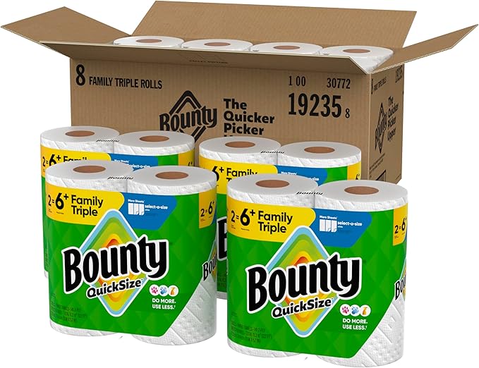 Bounty Quick-Size Paper Towels White 8 Family Triple Rolls = 27 Regular Rolls