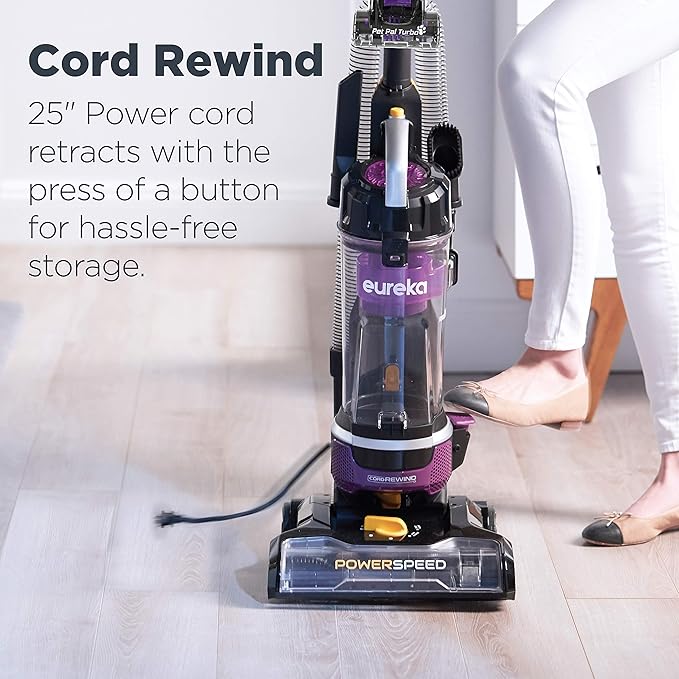 Eureka Powerful Lightweight Upright Vacuum Carpet and Floor PowerSpeed NEU202 with Automatic Cord Rewind Purple