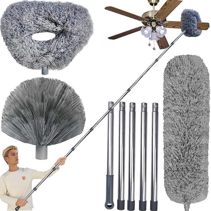 20+ Ft High Reach Ceiling Fan Duster &amp Cobweb &amp Corner Brush Duster with 3-14 ft Spliceable Pole Microfiber Feather Duster for Spider Web High Ceiling Blinds Furniture Cleaning Tool Kit