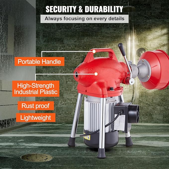VEVOR Drain Cleaner Machine 66FT x 5/8 Inch 250W Electric Sewer Snake Auger with 2 Sectional Steel Cables (66' x 5/8 and 15' x 3/8) 7 Cutters and CW/CCW Control for 1.6 to 4 Pipes