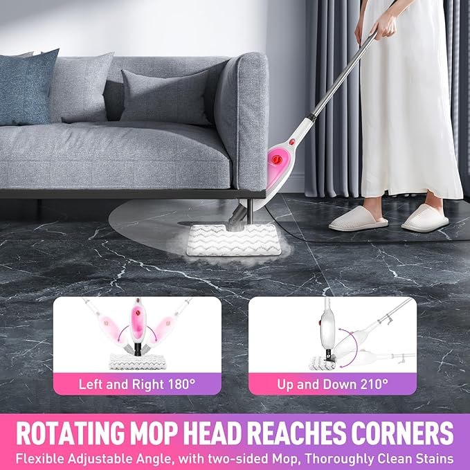 10-in-1 Multipurpose Steam Mop with Detachable Handheld CleanerMulti-Surface Use (Wood Floor/Tile/Window/Clothes/Furniture/Grout) + 2 Pack Dual-Sided Microfiber Mop Pads