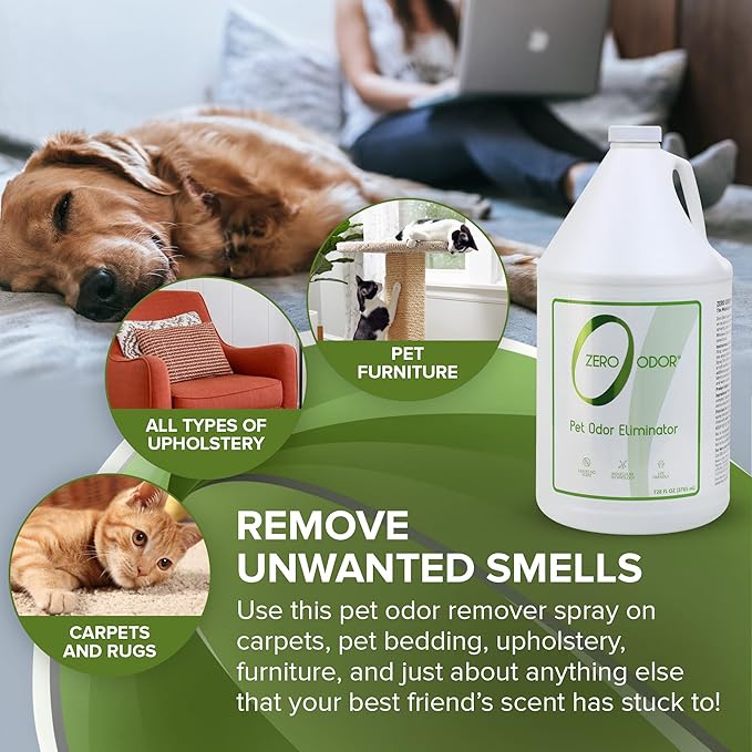 Zero Odor - Pet Odor Eliminator for strong odor Eliminate Air &amp Surface Odors – Patented Molecular Technology Best For Carpet Furniture Beds Smell Great Again (128 Ounces)
