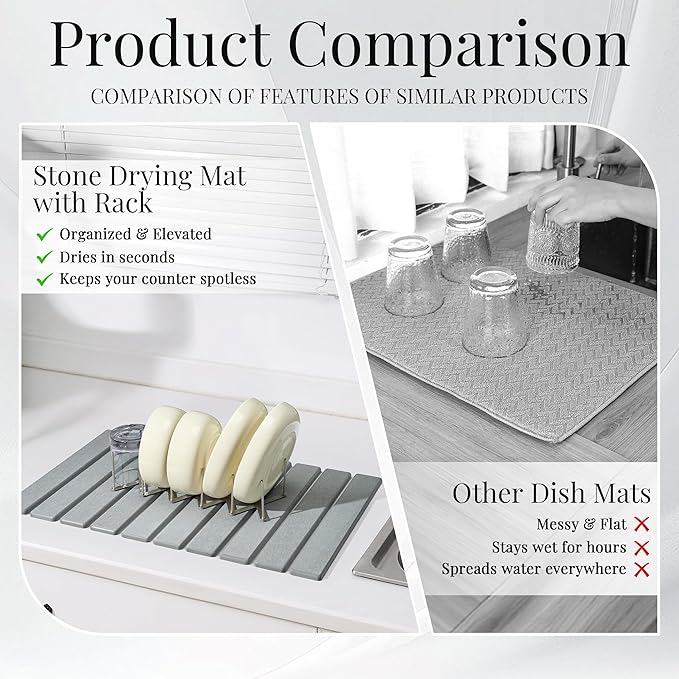 Diatomaceous Stone Dish Drying Mat with Collapsible Steel Rack - Quick Dry Kitchen Counter Set Space Saving Foldable Dryer