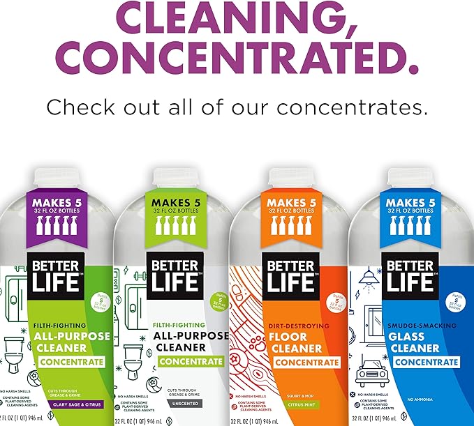 BETTER LIFE Glass Cleaner Concentrate - Streak-Free Window Cleaner for Home Kitchen Bathroom Shower Car - Works on Glass Windows Mirrors Light Fixtures - 32oz Unscented