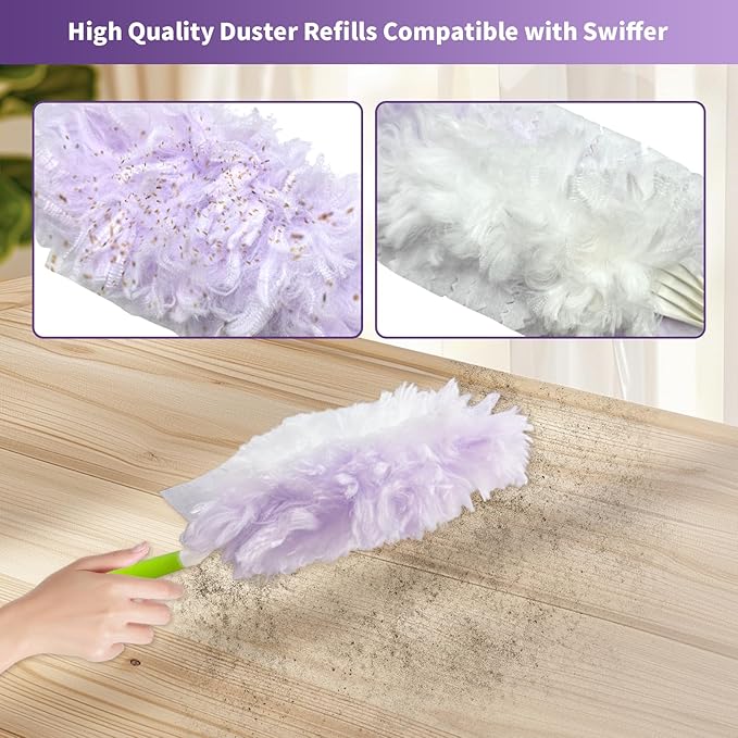 50 Count 360° Multi-Surface Feather Duster Refills Compatible with Swiffer Dusters Thickened Heavy-Duty Material Disposable Dusters Kit Includes 2 Handle for Efficient Cleaning