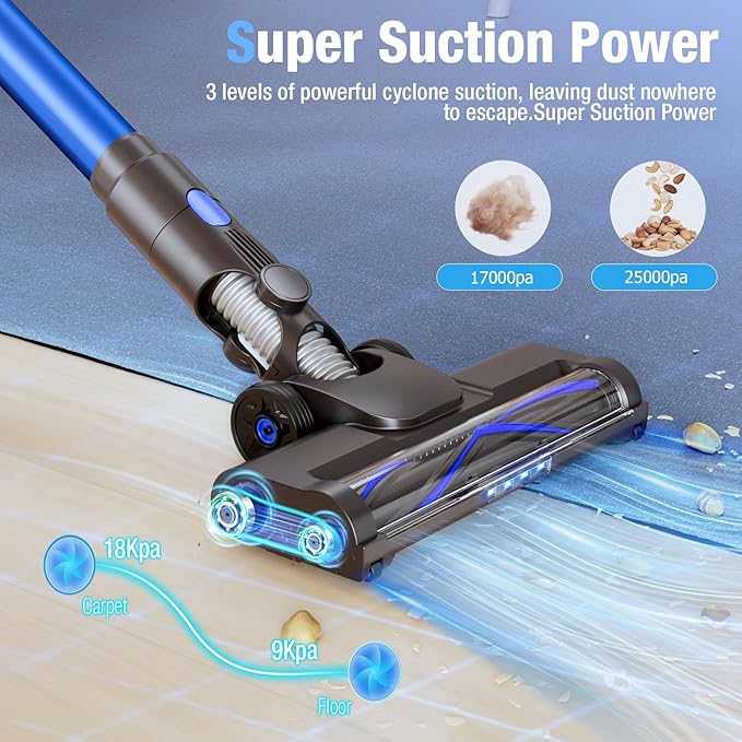 Cordless Vacuum Cleaner 550W 45KPA 50Min Vacuum Cleaners for Home Self-Standing Stick Vacuum with Touch Screen 3 Power Modes Rechargeable Battery Handheld Vacuum for Pet Hair Carpet Floor