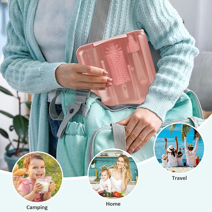 Bottle Brush Set 7 in 1 Cleaner Set with Baby Drying RackSilicone BrushStraw BrushNipple BrushSoap DispenserSpoonStorage Box Portable Essentials for Home &amp TravelPink(H-003)
