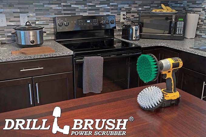 Household Cleaners - Drill Brush Soft White and Medium Green Combo Kit - Cleaning Supplies - Glass Cleaner - Scrub Brush - Leather Shower Doors Carpet Fabric and Vinyl Seats - Kitchen Sink