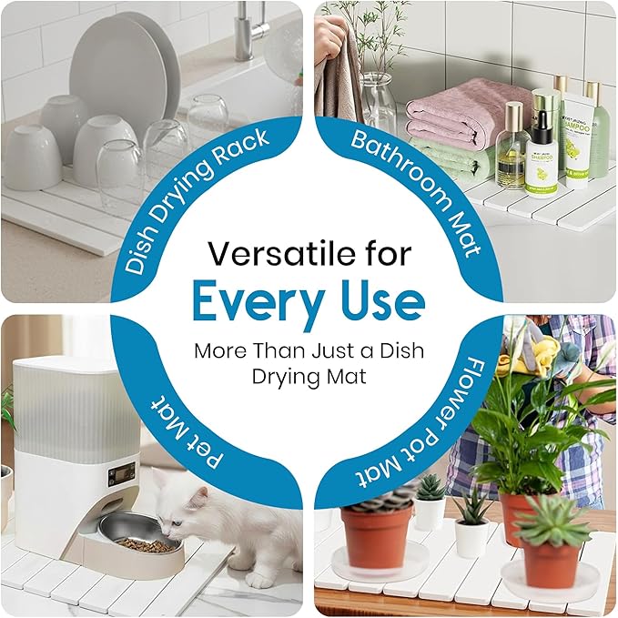Diatomaceous Earth Dish Drying Mat – 24 x 16 Inch Collapsible Dish Drying Rack Multipurpose Stone Bath Stone Mat Includes Sanding Tool Anti Slip Mat – Elegant and Functional Design