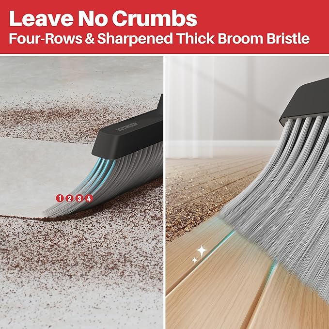 JOYMOOP Black and Red Broom and Dustpan Set Upright Angle Design with Built-in Comb Teeth for Home Office Hard Floors