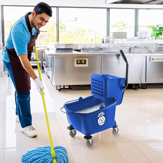 Dryser Commercial Mop Bucket with Side Press Wringer 26 Quart Blue