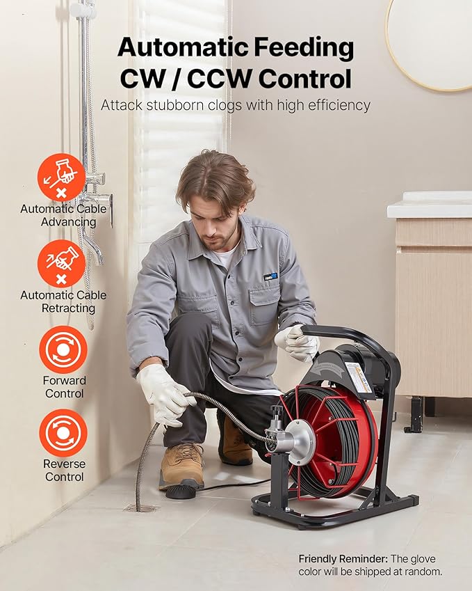 VEVOR Drain Cleaner Machine 50 FT x 5/16 Inch Auto Feed Sewer Snake Auger with 4 Cutters &amp Air-Activated Foot Switch for 2 to 4 Pipes