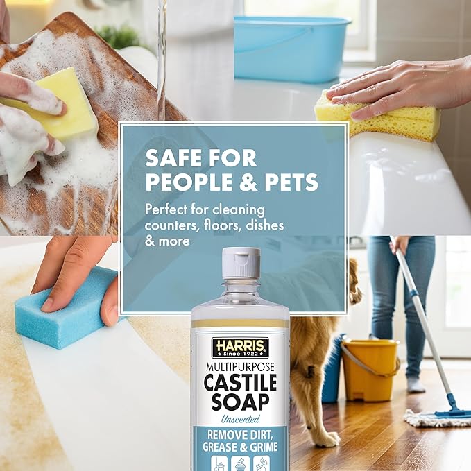 HARRIS Multi-Purpose Liquid Castile Soap for Home Cleaning Use as Dish Soap Laundry Detergent Kitchen &amp Bathroom Surface Cleaner Kids Room 2 Pack of 32 Fl Oz with Microfiber Cloth (Unscented)