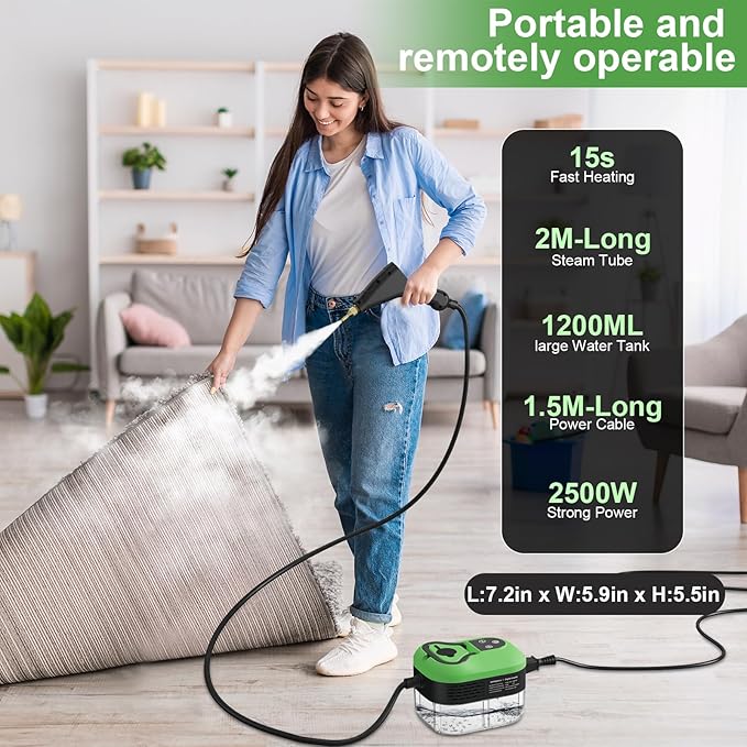 Steam Cleaner for Home 15s Heat-Up 1.2L Water Tank 6-Level Adjustable Handle Handheld Steam Cleaner for Car Detailing Dirt Furniture Couch Floor Tile Bathroom Bed Bugs 9Pcs Accessories