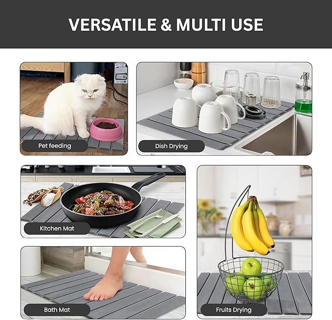 Stone Drying Mat for Kitchen Counter Stone Dish Drying Mat Quick Dry Stone Mat Kitchen Drying Stone for Kitchen Counter Drying Mat for Kitchen Counter Stone Mat for Kitchen Sink (Grey)