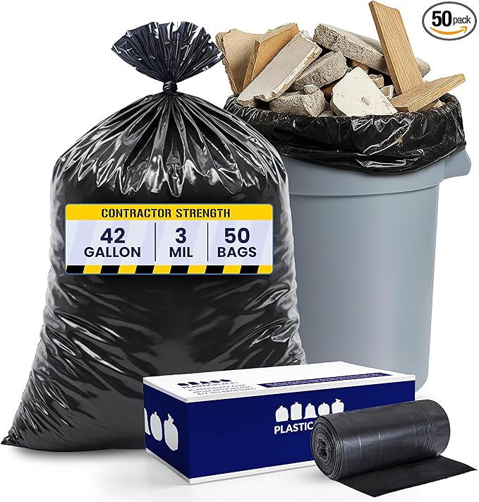 Plasticplace Contractor Trash 42 Gallon │ 3.0 Mil │ Black Heavy Duty Garbage Bag │ 33” x 48” (50 Count) (CON50)