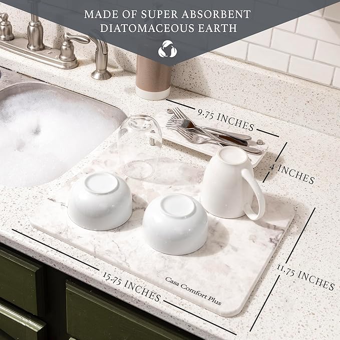 Stone Dish Drying Mat 2 Piece Set Water-Absorbent. Stone Drying Mat For Kitchen Counter [Quick Drying] Diatomaceous Earth Dish Drying Mat Contains Large &amp Small Stone Drying Tray. L11.75 x W15.