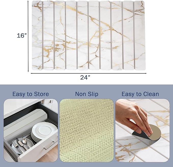 Stone Drying Mat for Kitchen Counter 24×16 White Marble Quick Dish Drying Mat with Sanding Pads Non-Slip Roll Up Absorbent Diatomaceous Earth Mat for Dishes Bottles Cups