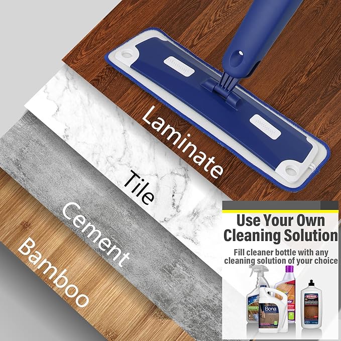 Mop for Multi-Purpose Floor Premium Spray Mop 18 inch Professional Hardwood Wet and Dry Cleaning Mops with 3 Resuable Pads and Refilled Bottle Blue