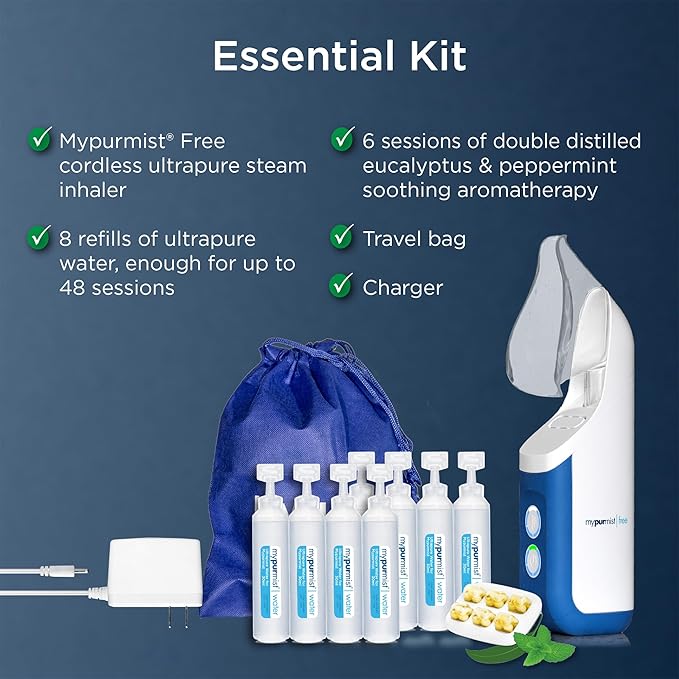 Mypurmist Free Ultrapure Cordless Steam Inhaler - Handheld Personal &amp Battery-Powered Steamer Vaporizer &amp Humidifier for Sinus Relief Nasal Congestion Cold &amp Cough Vocal Care