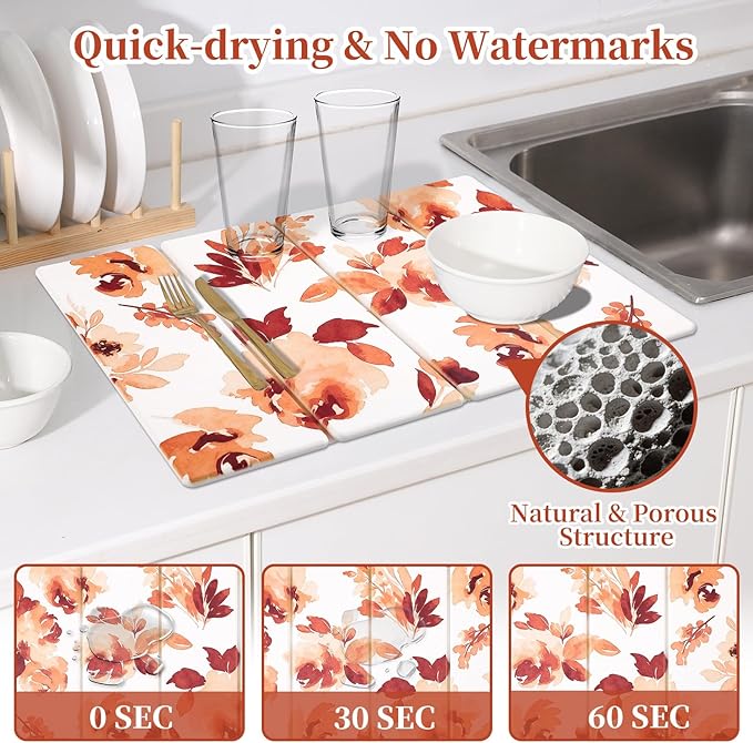 3 PCS Stone Dish Drying Mat for Kitchen Counter Quick Dry Foldable Stone Dishes Mats Water Absorbing Diatomaceous Earth Drying Organizer for Dishes Bottles Cups and Tableware (Orange)