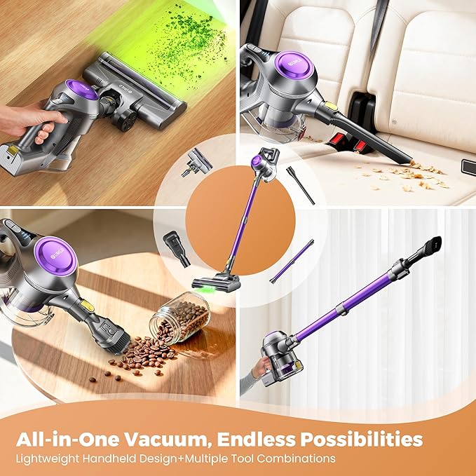 Cordless Vacuum Cleaner 40Kpa Powerful Suction Stick Vacuum Cleaners for Home 45 Mins Runtime 1.6L Dust Box Anti-Tangle 8-in-1 Rechargeable Vacuum for Hardwood FloorCarpetPet Hair (Purple)