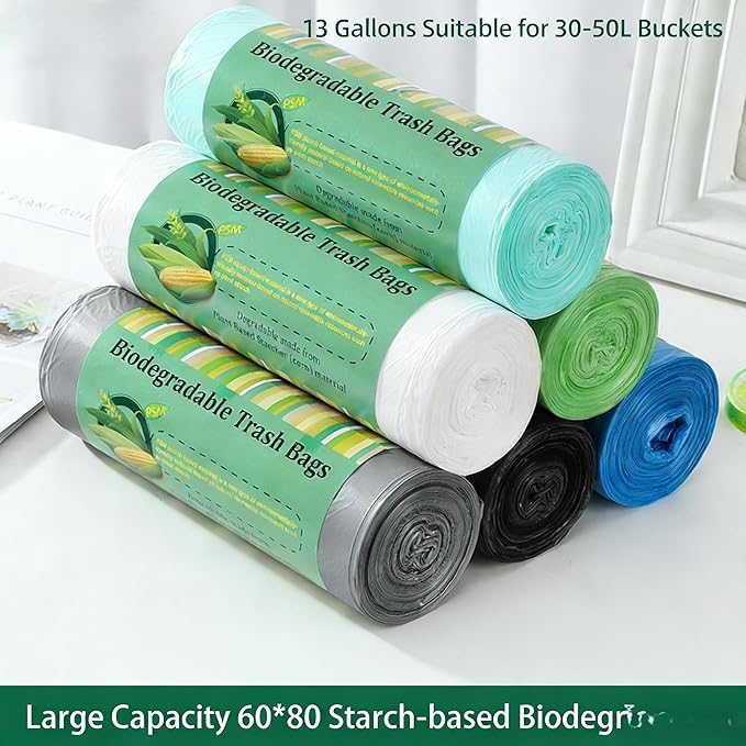 13 Gallon Biodegradable Trash Bags - 60x80cm Cornstarch Garbage Bags Heavy Duty &amp Leak-Proof Eco-Friendly Cleanup Bags for Kitchen Office Outdoor (5-Pack / 75 Counts Total)