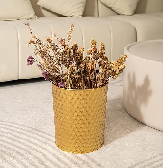 Large Metal Trash Can Wastebasket Decorative Honeycomb Garbage Can Modern Farmhouse Round Bin for Bathroom Bedroom Kitchen and Office (Gold)