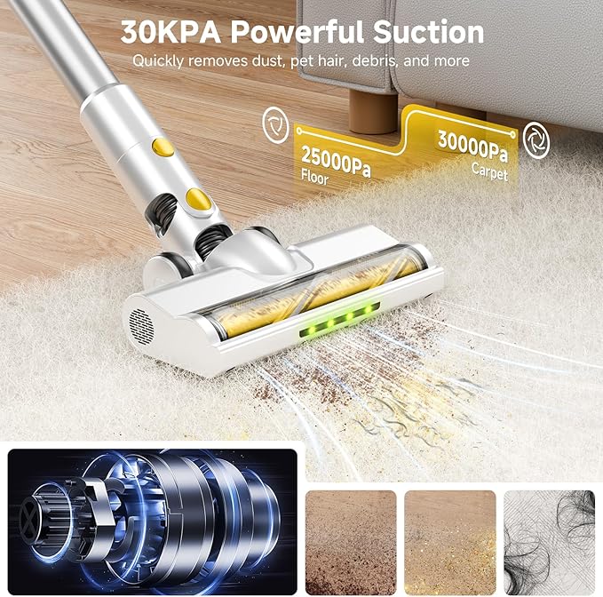 Cordless Vacuum Cleaner for Home Powerful Stick Vacuum with Rechargeable Battery Green Light Anti-Tangle Brush 6-in-1 Lightweight Handheld Vacuum for Pet Hair Hard Floor Carpet Yellow