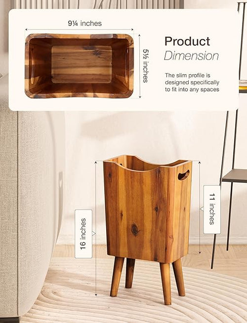 2 Gallons Wooden Trash Can 4 Legs - Acacia Wooden Bin Wood Bathroom Accessories - Small Bin Waste Basket for Bedroom Office Garbage Can - Decorative Bathroom Trash Can - Patent Pending