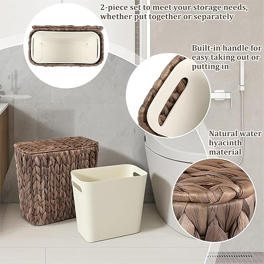 Wicker Trash Can with Lid and Liner Handwoven Wicker Waste Basket Water Hyacinth Bathroom Trash Can Boho Rattan Garbage Wastebasket for Bedroom Home Living Room Office 2.5 Gallon Espresso