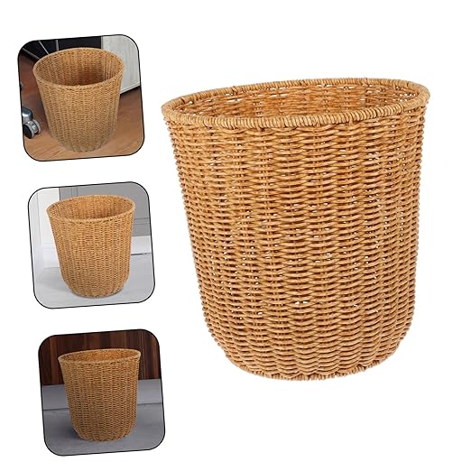 PRETYZOOM Medium Imitation Rattan Storage Basket Handwoven Wastebasket for Kitchen and Bedroom Versatile Woven Trash Can Stylish Design