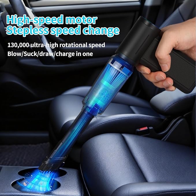 Electric Air Duster &amp Vacuum Cleaner 130000 High-RPM Brushless Motor Compressed Air Blower Cordless with Inflating Battery Powered 15-Piece PC Cleaning Kit for Leaves Cars Computers Office