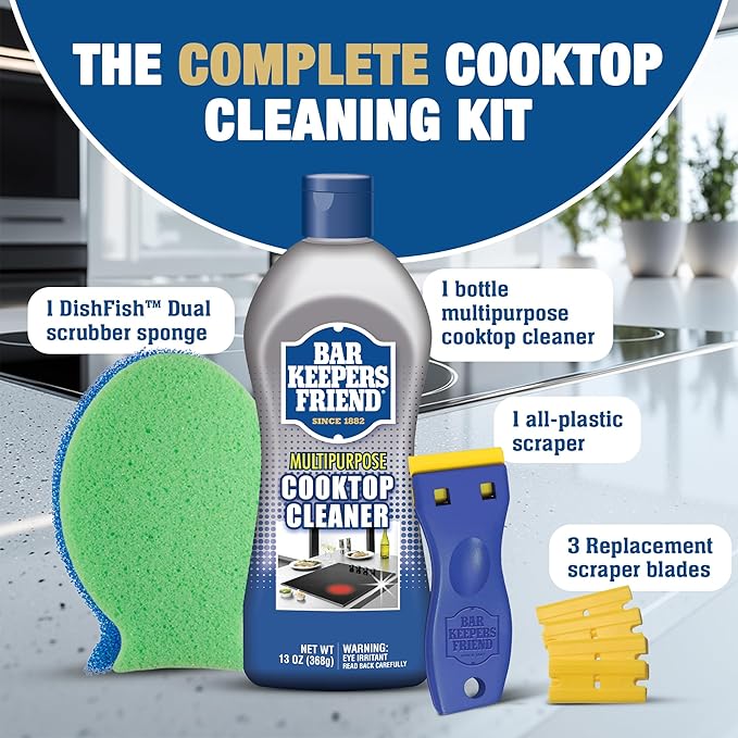 Bar Keepers Friend Cooktop Cleaner + Scraper + Dish Fish - Multipurpose Liquid Stovetop Cleanser Safe for Use on Glass or Ceramic Cooking Surfaces Copper Brass Chrome Stainless Steel &amp Porcel