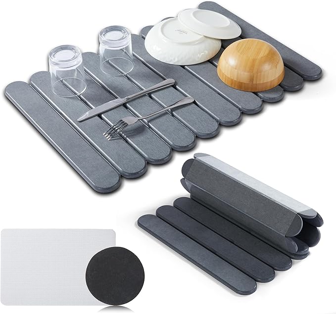 Stone Dish Drying Mat for Kitchen Counter 23.6”(L) x 15.3”(W) Collapsible Eco-Friendly Diatomaceous Mat Non Slip Quick Dry – Grey Mat for Dishes Bottles &amp Cups Matches Any Countertop