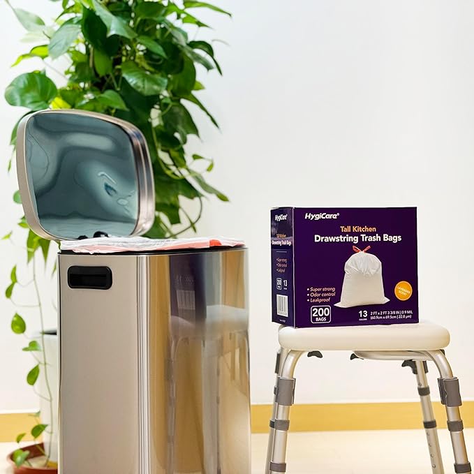 13 Gallon Tall Kitchen Trash Bags Lavender Scented 200 Count Drawstring Garbage Bags Pre-Separated Odor Control Ultra Strong Leakproof Sturdy White