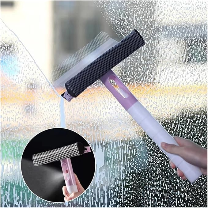 3 in 1 Window Cleaning Brush Glass Wiper for Bathroom Mirror with Spray Double-Sided Cleaner Squeegee(Pink)