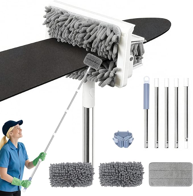 Ceiling Fan Cleaner Duster with 80'' Extendable Long Handle Pole - Microfiber Chenille Pads for Blades Baseboards Walls Floors Blinds &amp Cobwebs - Reusable &amp Washable