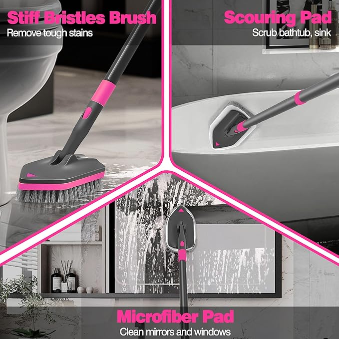 NEWE Shower Cleaner Brush Tub Tile Scrubber with Telescopic Long Handle 60 inches 4 Scrub Heads for Cleaning Bathroom Bathtub Floor Baseboard Sink Kitchen Toilet (Grey Red)