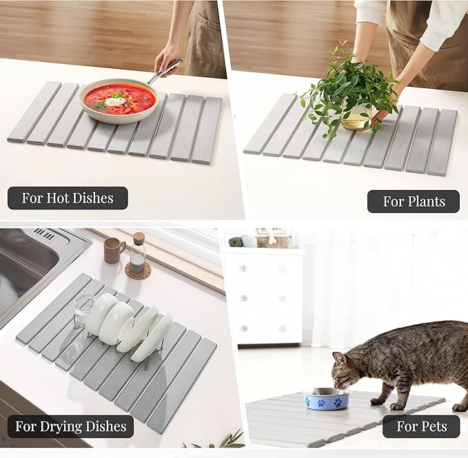 Diatomaceous Stone Dish Drying Mat with Collapsible Steel Rack - Quick Dry Kitchen Counter Set Space Saving Foldable Dryer