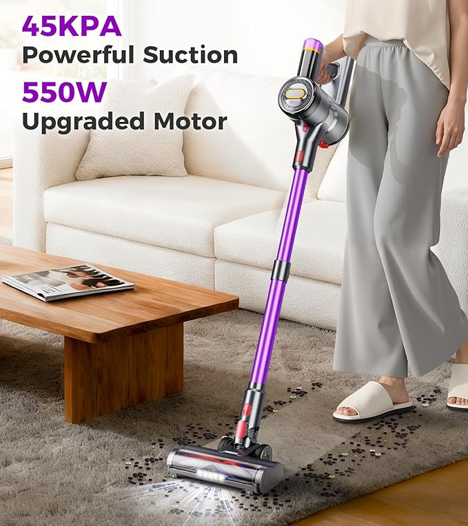 Cordless Vacuum Cleaner 550W 45Kpa Vacuum Cleaners for Home 60Mins Cordless Stick Vacuum with LED Display Self-Standing &amp Anti-Tangle 8-in-1 Wireless Vacuum for Carpet Pet Hair Hardfloor