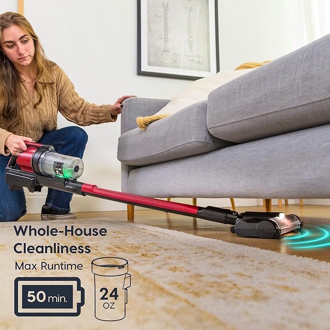 Cordless Vacuum Cleaner 11-inch Powerhead Self-Standing Design Fast Charging 50-Minute Runtime LED Dust Sensor Red