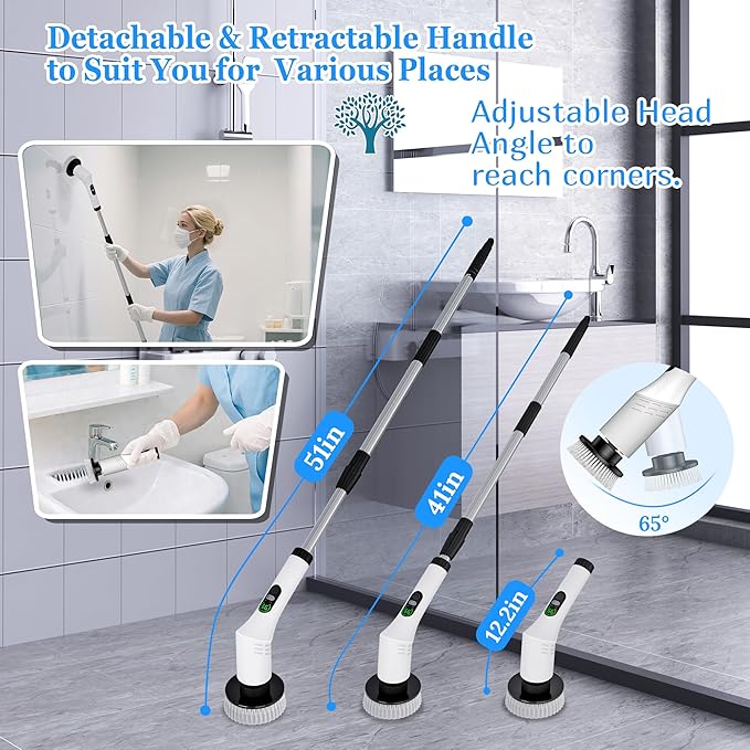 Electric Spin ScrubberCleaning Scrubber Brush Electric for Home with Power LCD DisplayCordless Bathroom Scrubber for Bathroom Tile Glass CleaningAdjusted Head Angle with 7 Replaceable Heads