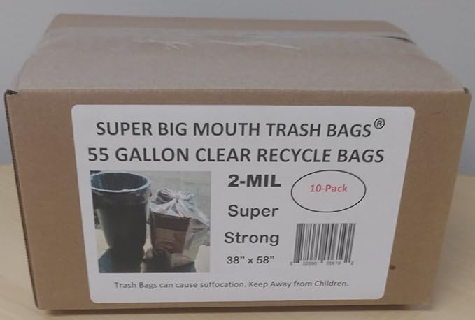 Super Big Mouth Trash Bags® 55 Gallon Clear Recycle Trash Garbage Bags 2-MIL 38W x 58H - 10 Pack