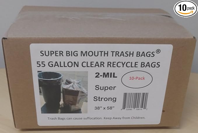 Super Big Mouth Trash Bags® 55 Gallon Clear Recycle Trash Garbage Bags 2-MIL 38W x 58H - 10 Pack
