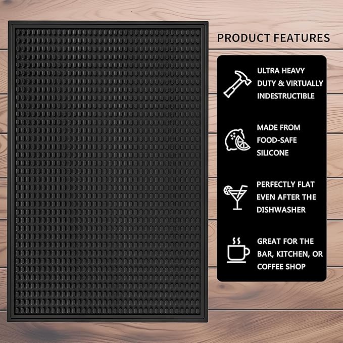 WAFT YEARN 18inX12in Bar Mat Dish Drying Mat Cocktail Service Spill Mats Bartending Countertop Kitchen Coffee Bar Silicone Non Slip Durable Flexible Absorbent Spill Resistant Rubber Heavy Duty Black