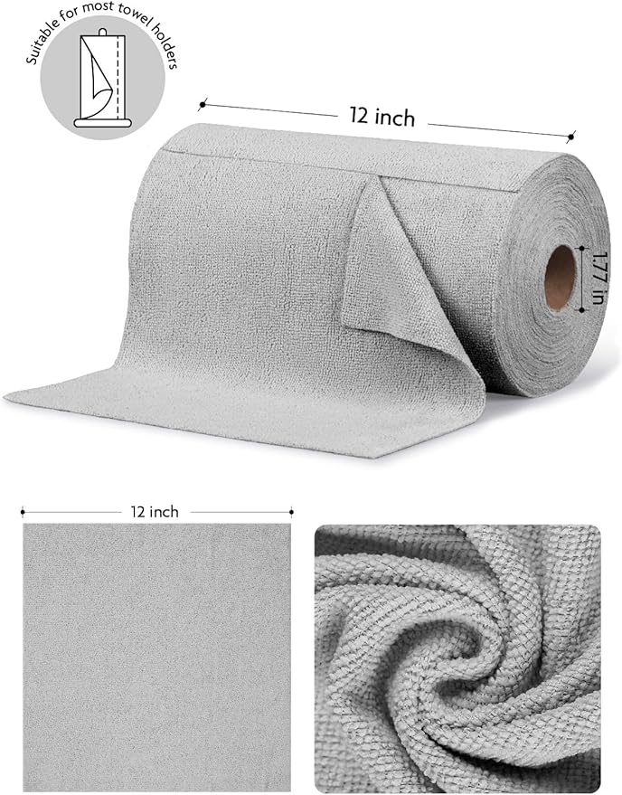 Fantasticlean Microfiber Cleaning Cloth Roll -675 Pack Tear Away Microfiber Towels 12 x 12 Reusable Washable Ultra Absorbent Dishcloth for All-Around Cleaning Supplies (9 Rolls of Grey)
