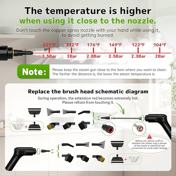 Pressurized Handheld Steam Cleaner 2500W 54oz Large-Capacity Steamer with 3-Level Adjustable Steam 15s Heat-Up &amp 15Pcs Accessories – for Car Tile Grout Couch Floor Bed Dirt Furniture